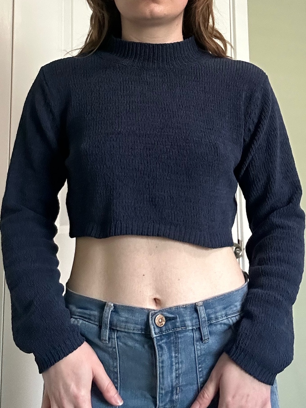 Navy Cropped Mock-Neck Sweater